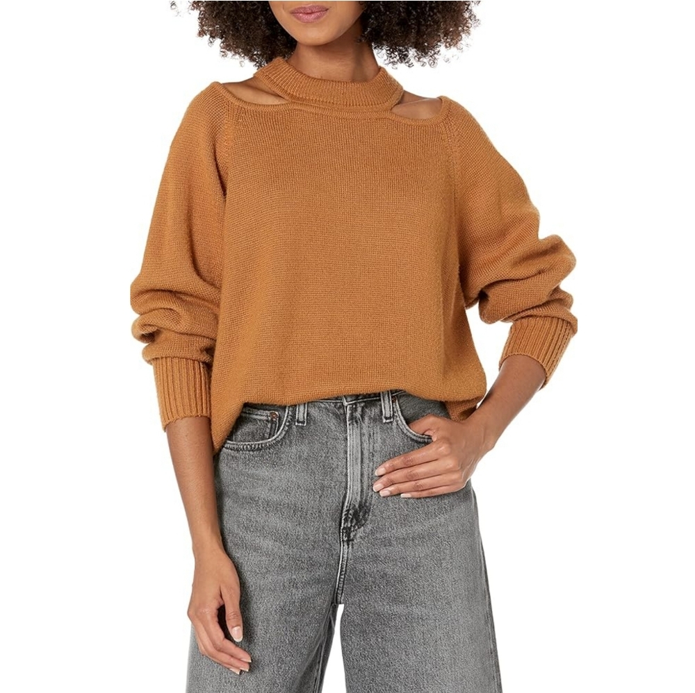 Jason Wu Wool-Blend, Cold Shoulder, Oversized Camel Sweater, Size Large